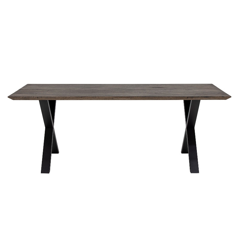 Wooden table with black metal legs on a white background