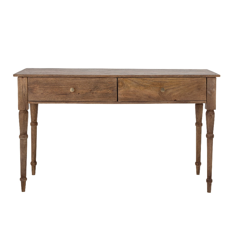 Wooden console table with two drawers on a white background
