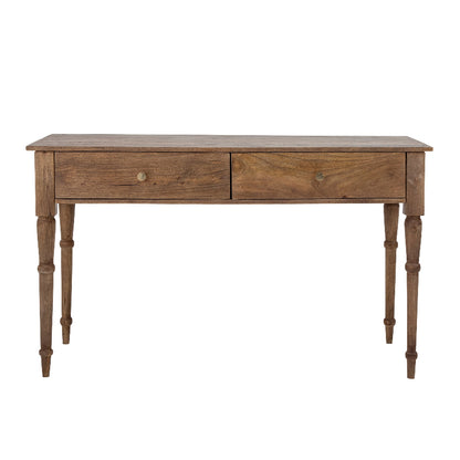 Wooden console table with two drawers on a white background