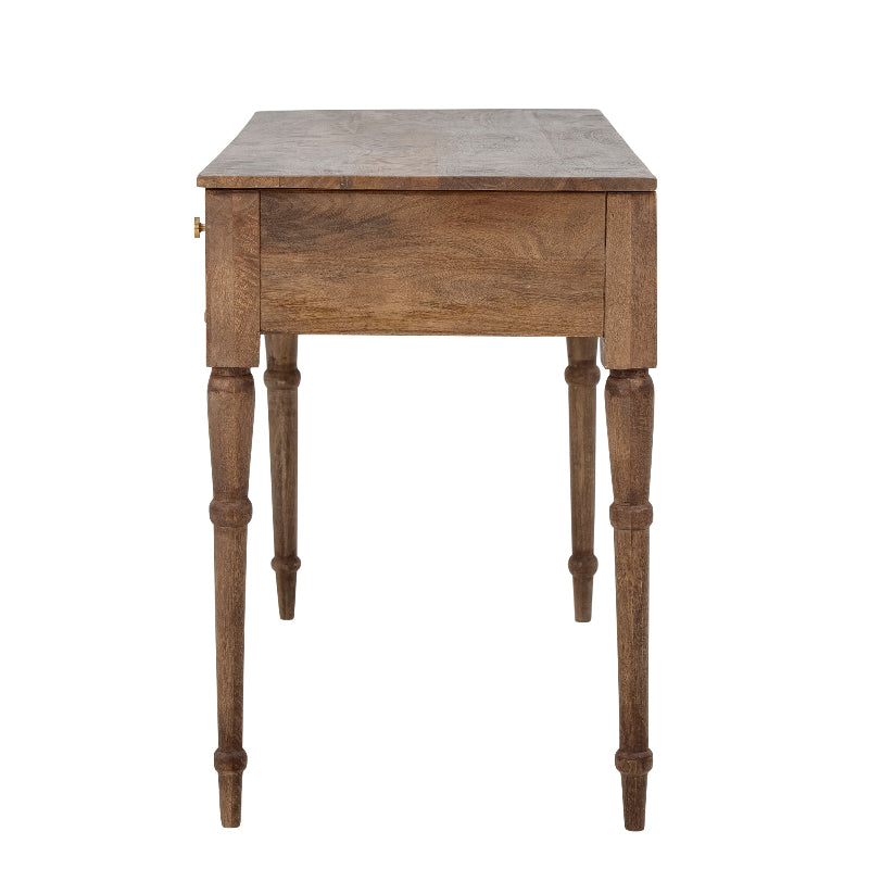 Wooden side table with a single drawer on a white background