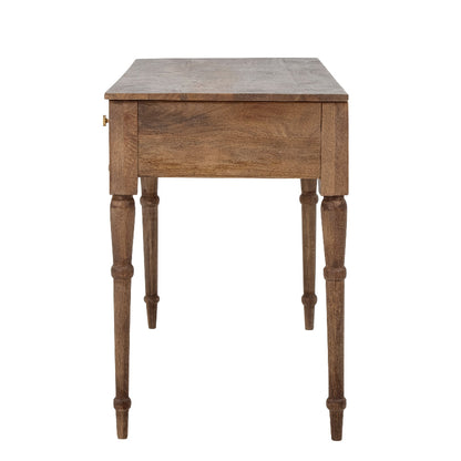 Wooden side table with a single drawer on a white background
