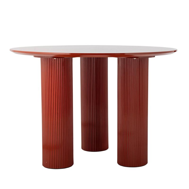 Dining table with three cylindrical wooden legs on a white background
