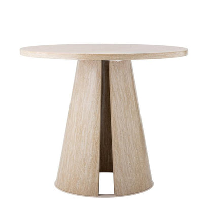 Round table with a light wood base and white marble top on a white background