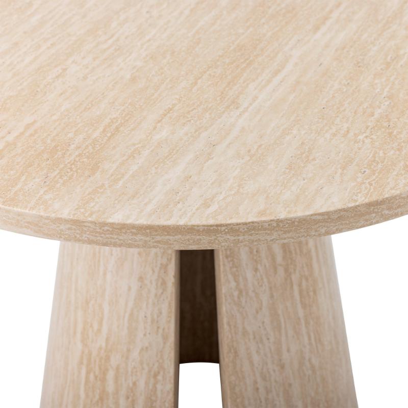 Wooden dining table with a round top and and conical base on a white background