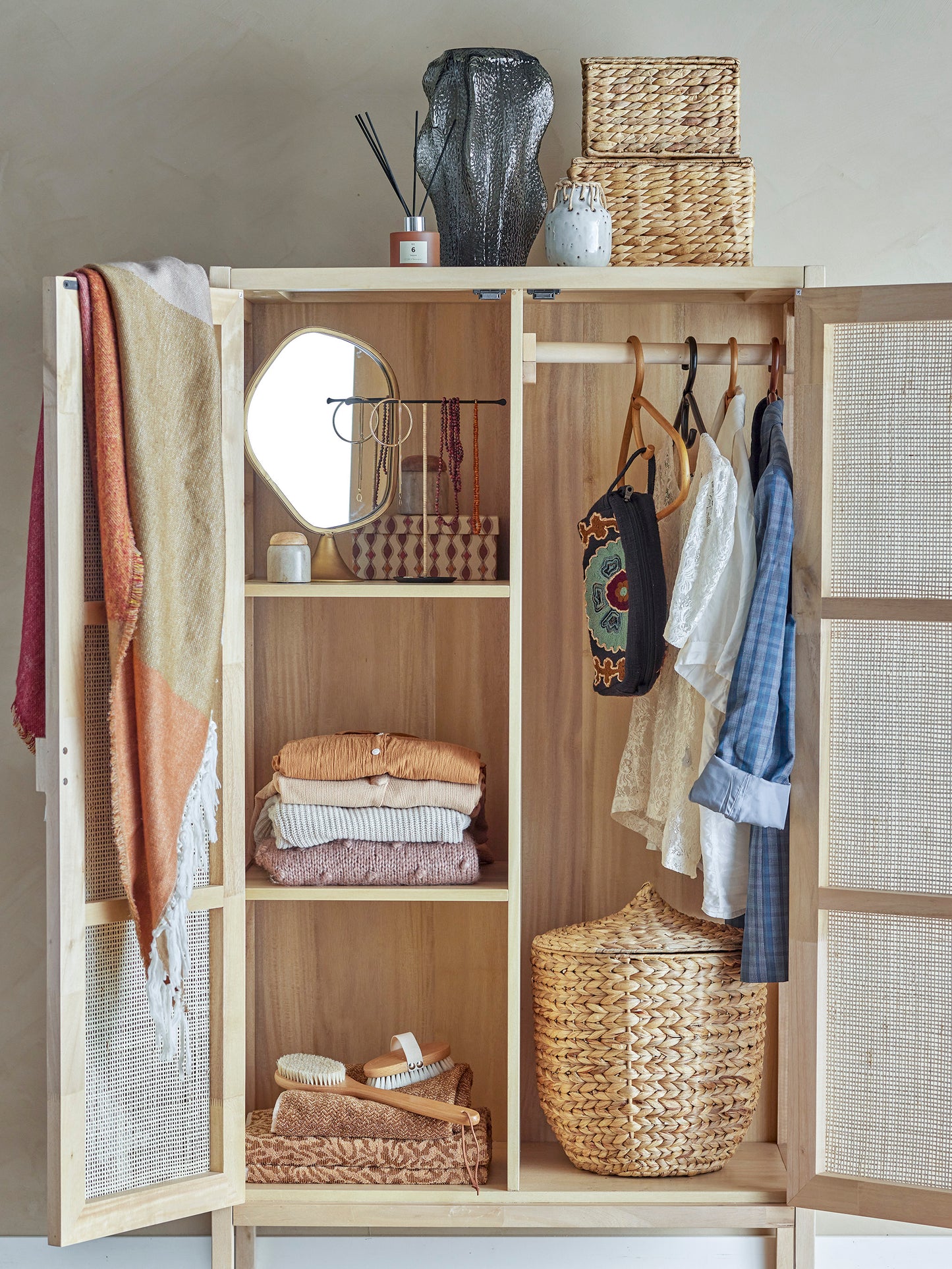 Bloomingville Marikka Pine and Rattan Wardrobe