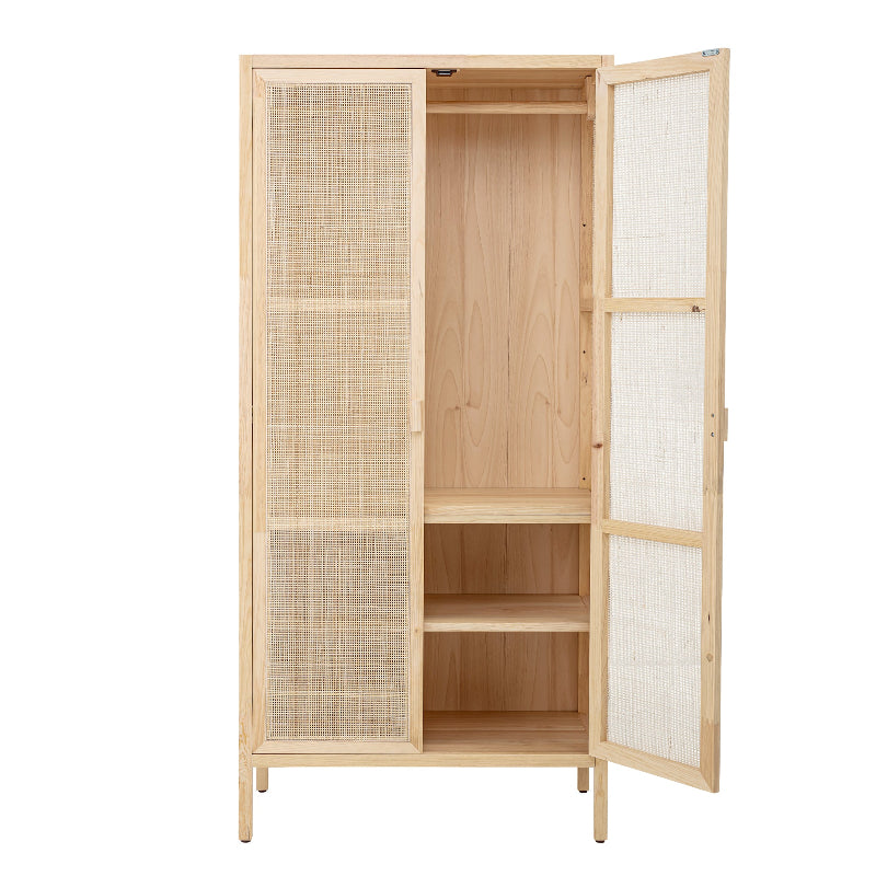 Wooden cabinet with rattan doors on a white background