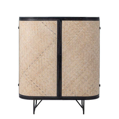 Cylindrical cabinet with woven design doors on a white background
