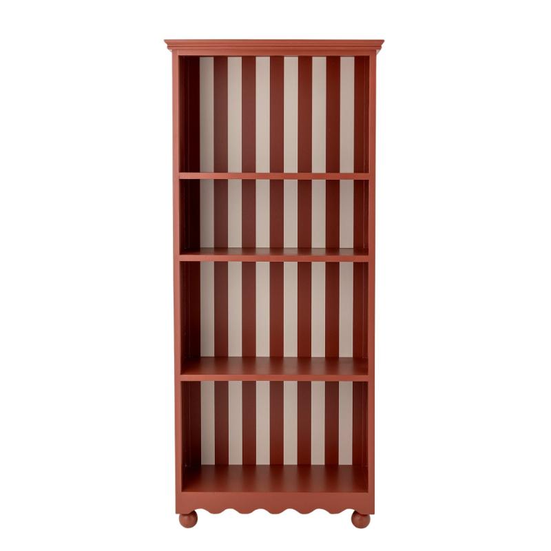 Wooden bookshelf with vertical striped design on a white background