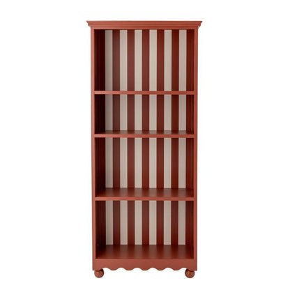 Wooden bookshelf with vertical striped design on a white background