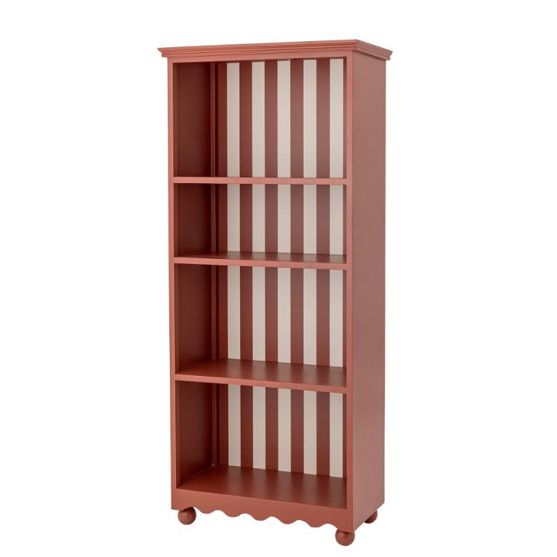 Pink bookshelf with scalloped edges on a white background