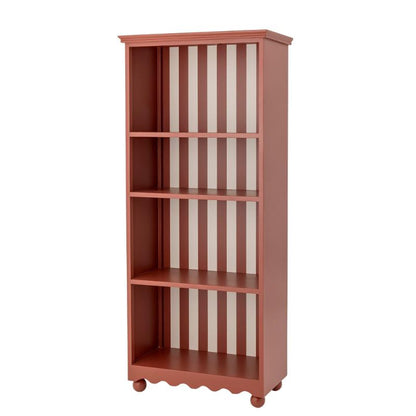 Pink bookshelf with scalloped edges on a white background