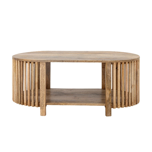Round wooden coffee table with a natural finish on a white background