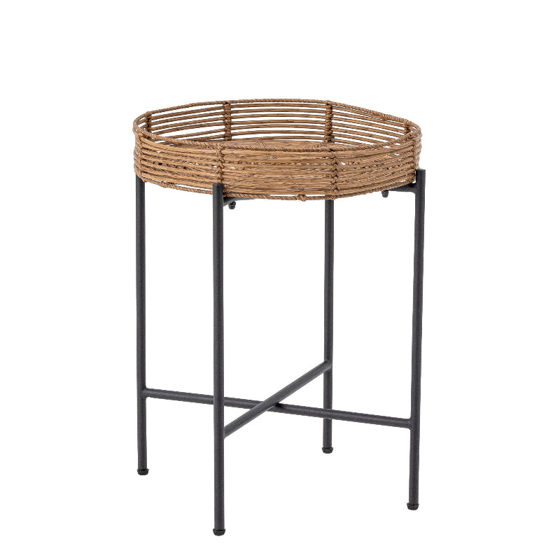 Round woven basket on a metal stand against a white background
