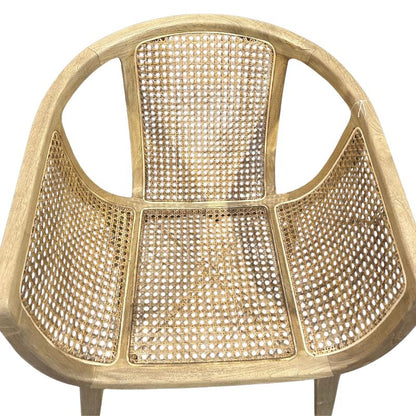 A light natural wood armchair with woven cane backrest and seat panels, shown against a plain white background.