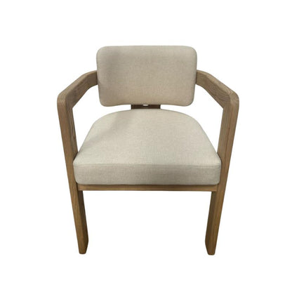 A modern dining chair with a light beige textured fabric seat and backrest, supported by a curved medium-brown wooden frame, shown against a plain white background.
