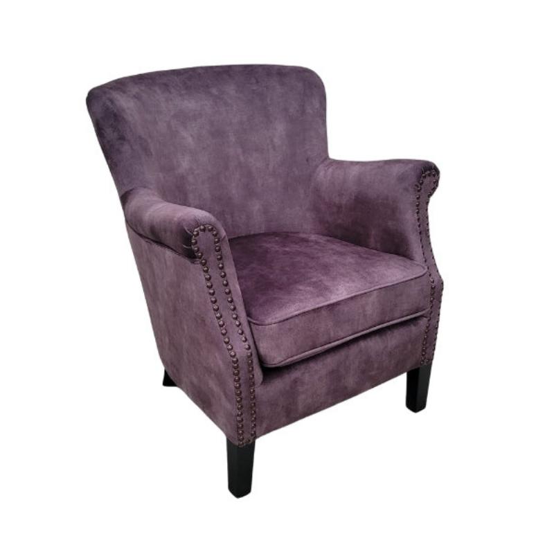 Charcoal armchair with nailhead trim on a white background