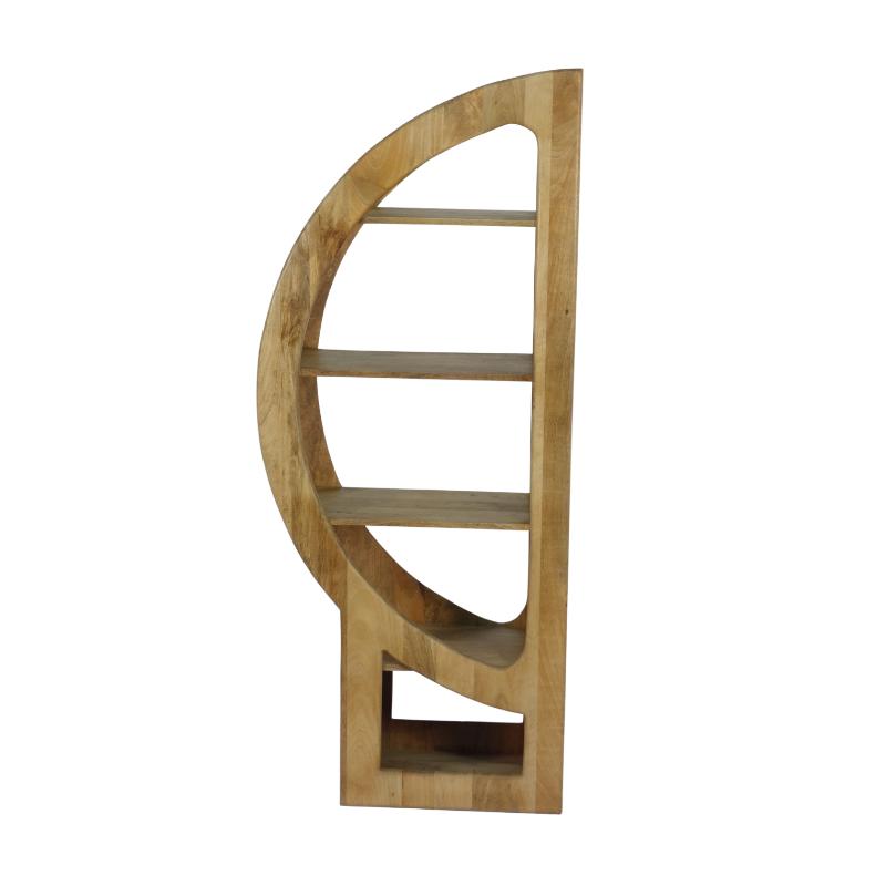 A curved wooden bookshelf with four open shelves and a lower cubby, shown against a plain white background.