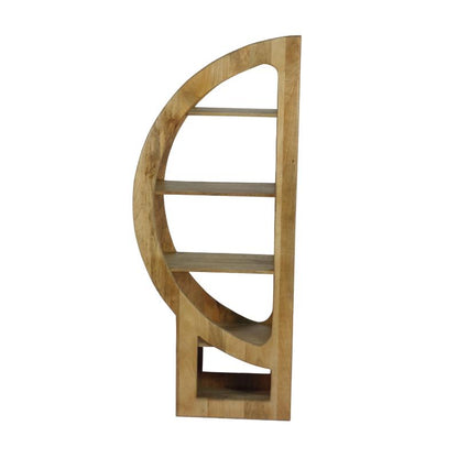 A curved wooden bookshelf with four open shelves and a lower cubby, shown against a plain white background.