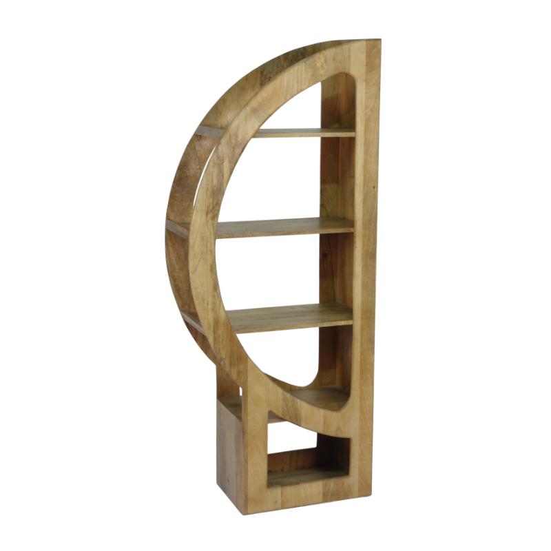 A curved wooden bookshelf with four shelves and a lower open cubby, shown on a plain white background.