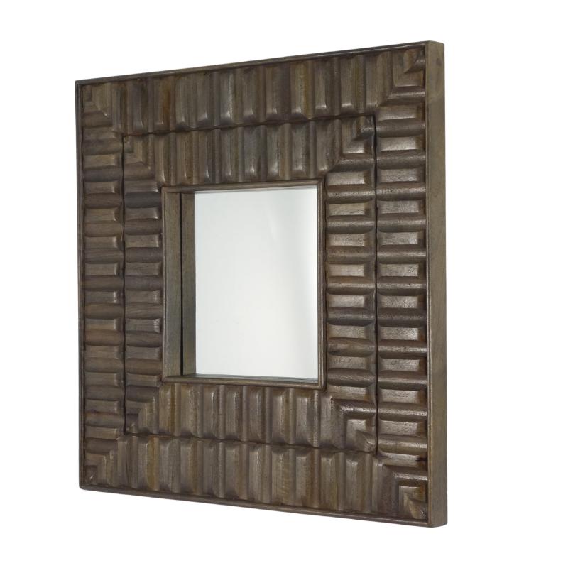 A square decorative wall mirror with a textured, carved wooden frame in a distressed brown finish, mounted on a plain white wall.