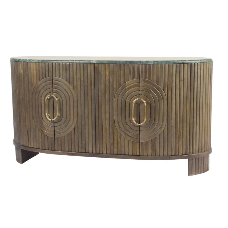 An Art Deco style sideboard cabinet with a curved silhouette, featuring vertical wood slats, two large oval recessed panels with brass handles, and a green marble top on a white background.