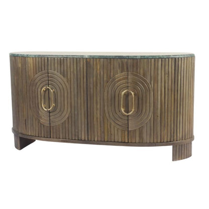 An Art Deco style sideboard cabinet with a curved silhouette, featuring vertical wood slats, two large oval recessed panels with brass handles, and a green marble top on a white background.