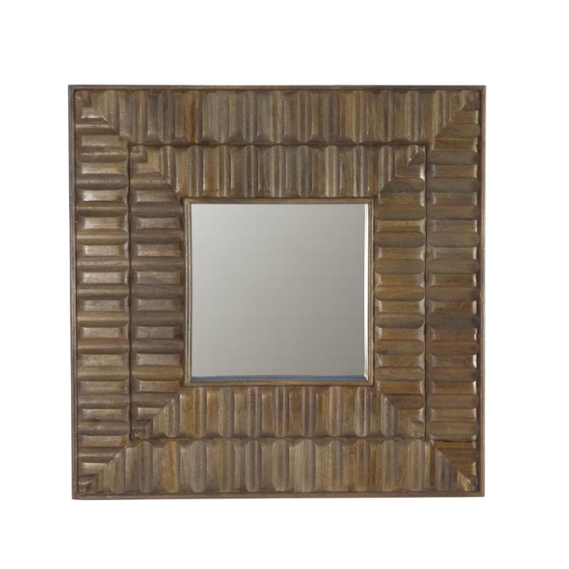 A square decorative wall mirror with a textured, geometric frame made of layered brown wood or rattan-like strips, shown against a plain white wall.
