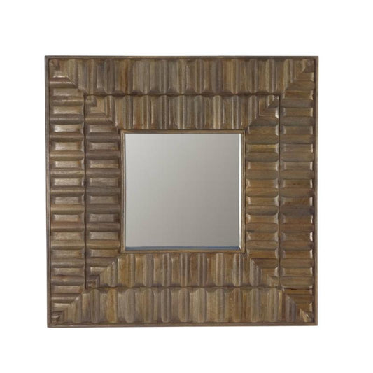 A square decorative wall mirror with a textured, geometric frame made of layered brown wood or rattan-like strips, shown against a plain white wall.