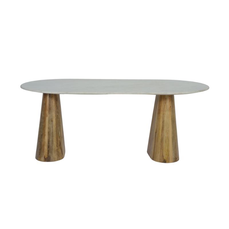 An oval dining table with a light gray stone top and two tapered natural wood legs, shown against a plain white background.