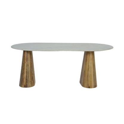 An oval dining table with a light gray stone top and two tapered natural wood legs, shown against a plain white background.