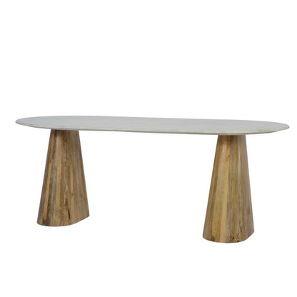 An oval dining table with a light gray stone top and two tapered natural wood legs, shown against a plain white background.