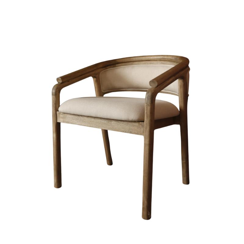 A teak wood dining chair with curved armrests, a cushioned seat, and a light beige upholstered backrest, shown against a plain white background.