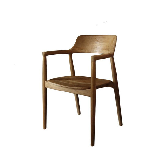 A mid-century modern wooden dining chair with a curved backrest, armrests, and a slatted seat, shown against a plain white background.