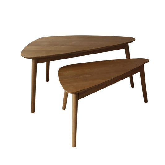 A pair of mid-century modern nesting coffee tables made of warm brown wood, featuring rounded triangular tops and tapered legs, shown against a plain white background.