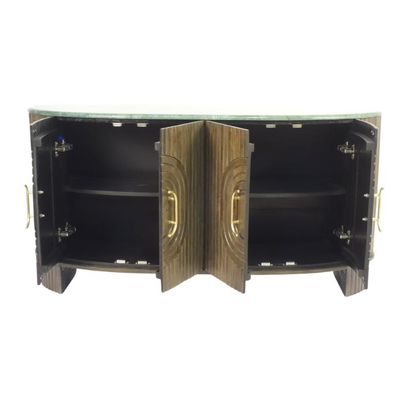 A curved two-door cabinet with dark wood grain doors, gold-tone handles, and a black interior, shown open against a plain white background.