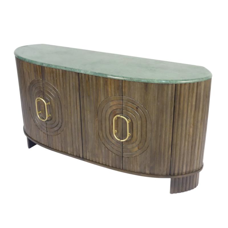An Art Deco style mid-century modern credenza with a fluted wood cabinet, a green marble top, and brass oval handles.