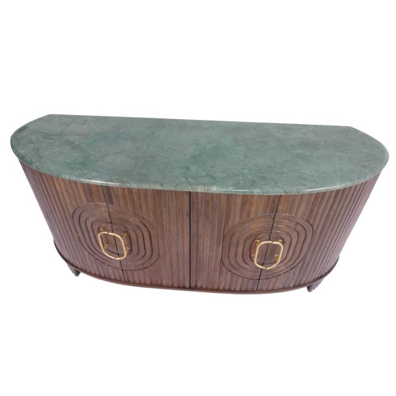 An Art Deco style half-oval sideboard or credenza with a ribbed brown wood body, two circular gold-tone handles, and a green marble top, shown on a plain white background.