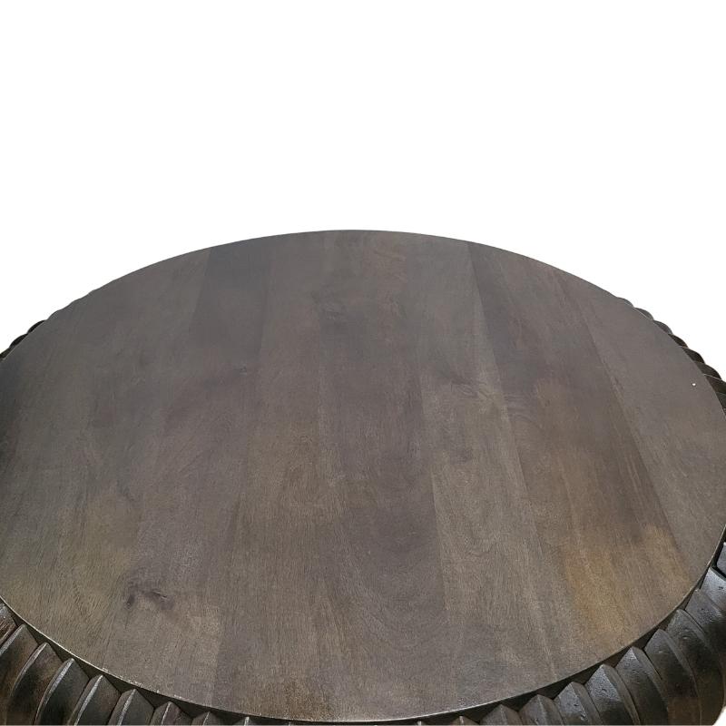 A round wooden table top with a dark brown finish and visible wood grain, shown against a plain white background.