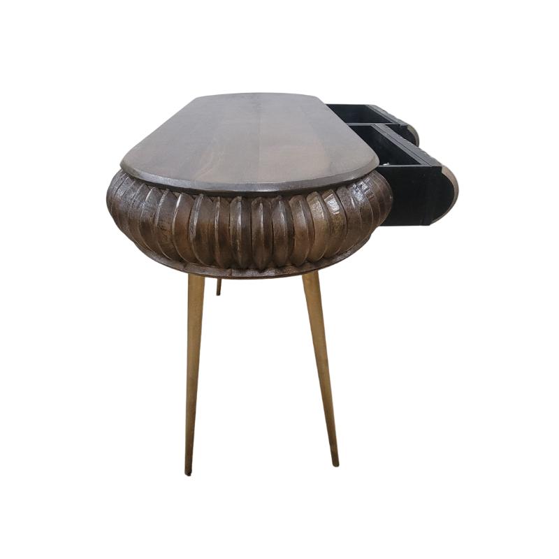 A mid-century modern console table featuring a ribbed metallic bronze base, a dark oval tabletop, and tapered gold-toned legs, shown with an open side drawer against a plain white background.