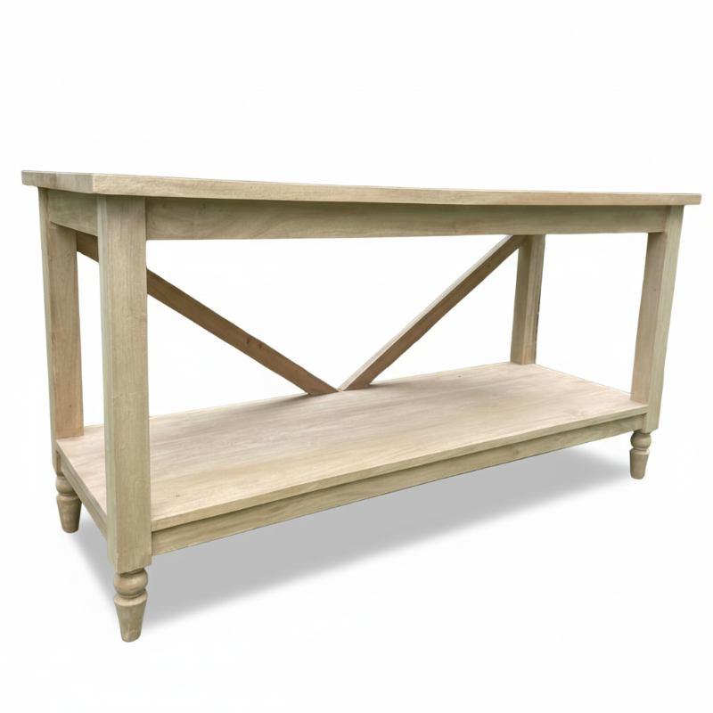 Light wooden console table with a shelf on a white background