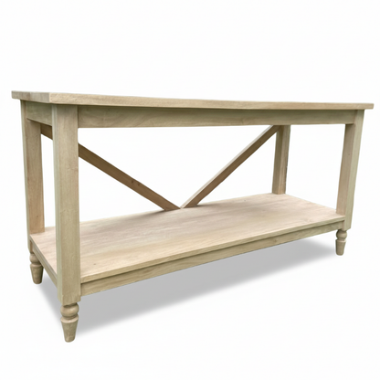 Light wooden console table with a shelf on a white background