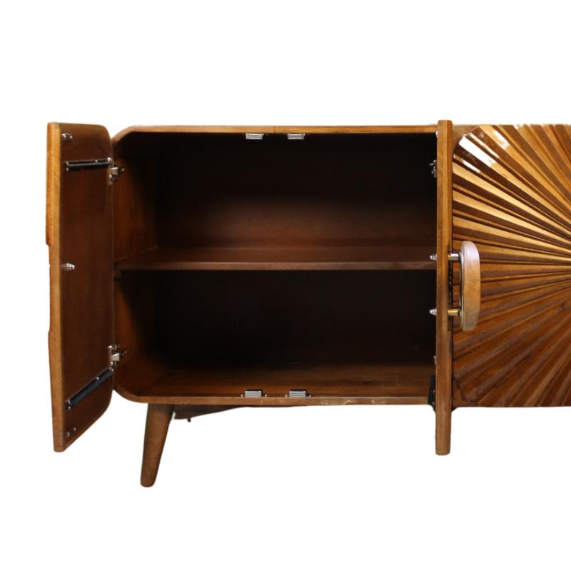 Mid-century modern wooden sideboard cabinet with open doors, showing the interior shelf and sunburst fan-patterned doors on a white background.