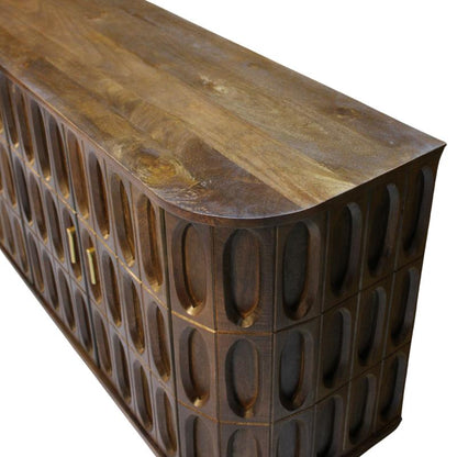 A dark brown wooden sideboard or credenza with a textured, geometric pattern of recessed oval panels on the front and a smooth wood-grain top surface, shown against a plain white background.