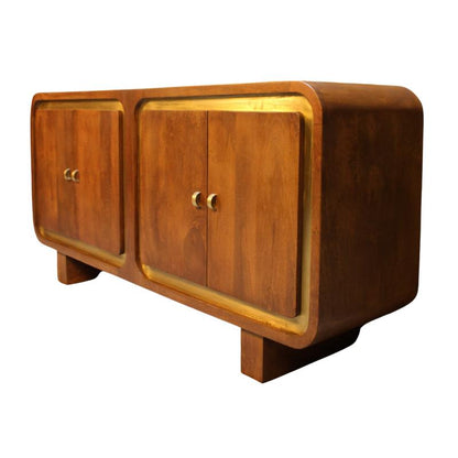 A mid-century modern wooden sideboard cabinet with two doors, featuring a warm brown wood finish and brass hardware, isolated on a white background.