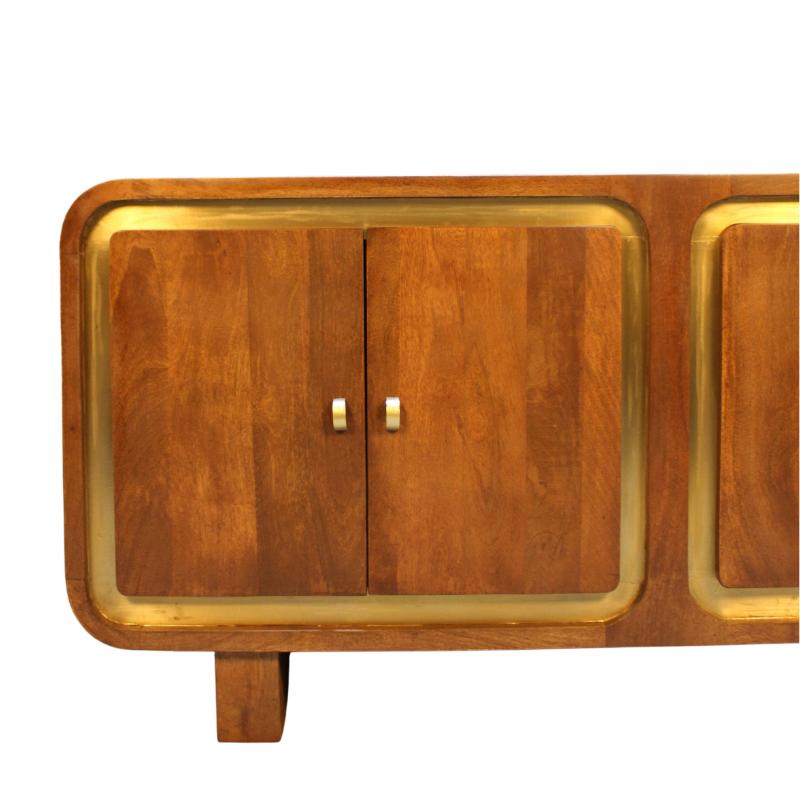 Mid-century modern wooden sideboard cabinet with two doors, brass trim, and small round brass handles on a white background.