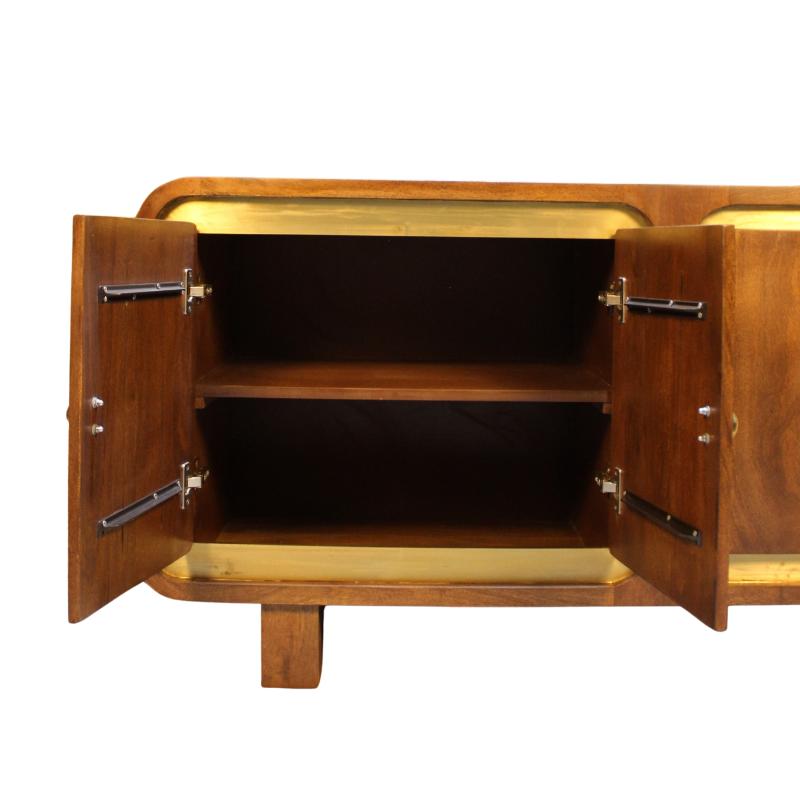 A mid-century modern wooden cabinet with two doors swung open, showing a warm brown wood finish and brass hardware against a white background.