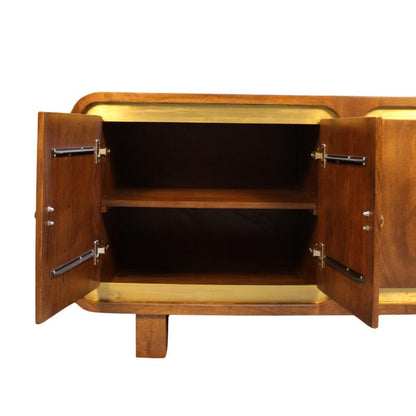 A mid-century modern wooden cabinet with two doors swung open, showing a warm brown wood finish and brass hardware against a white background.