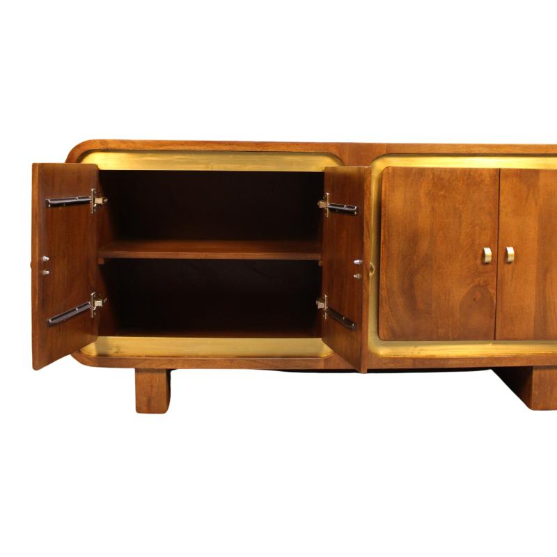 Mid-century modern wooden sideboard cabinet with two open doors showing an interior shelf, and two closed doors with small round handles on the right, on a plain white background.