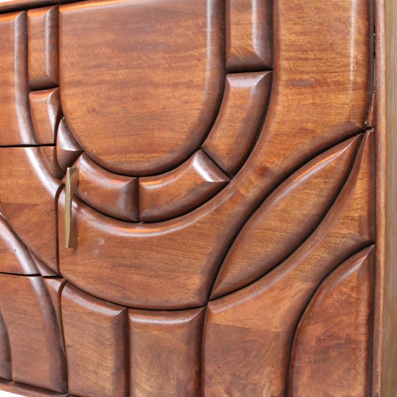 Mid-century modern wooden cabinet with sculptural curved panel detailing and a brass pull handle, photographed in an indoor setting.