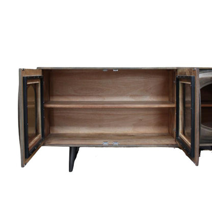 A mid-century modern wooden sideboard cabinet with two doors swung open, showing a warm brown wood grain interior with two shelves and black metal hardware.